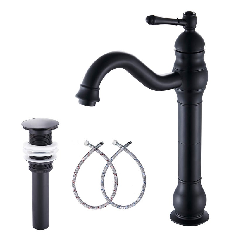 GGStudy Black Bathroom Faucet GGStudy 360Â° Swivel Single-Handle One Hole Bathroom Vessel Sink Faucet Matching Pop Up Drain - Image 1